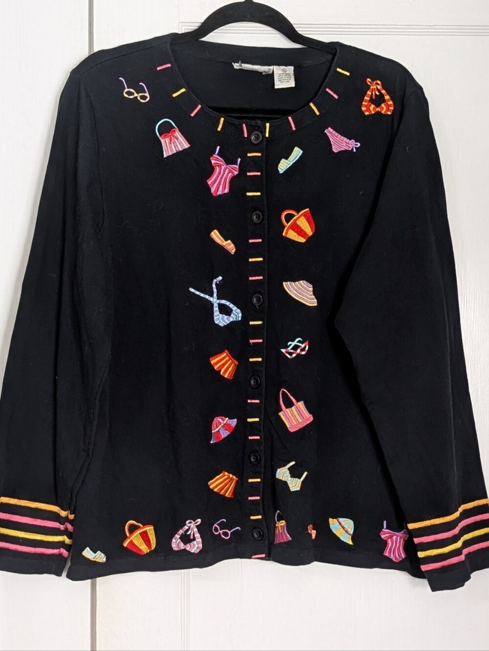 Women's XL Michael Simon Lite Black Embroidered Cardigan Sweater Beach Artsy